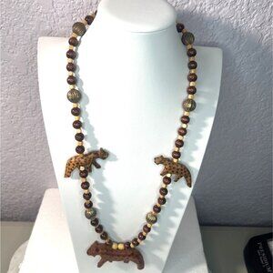 Wooden Leopard Necklace Corrugated Brass Beads Safari Jungle Animal Tribal Jewel